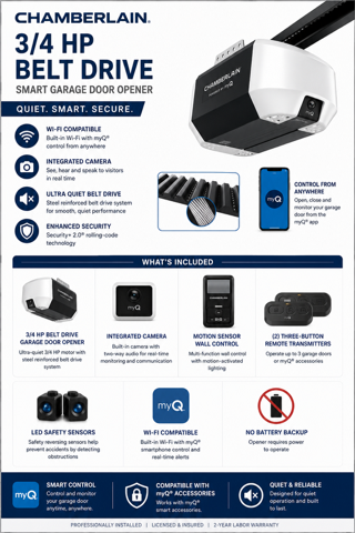 Chamberlain 3/4 HP belt drive smart garage door opener features and what is included