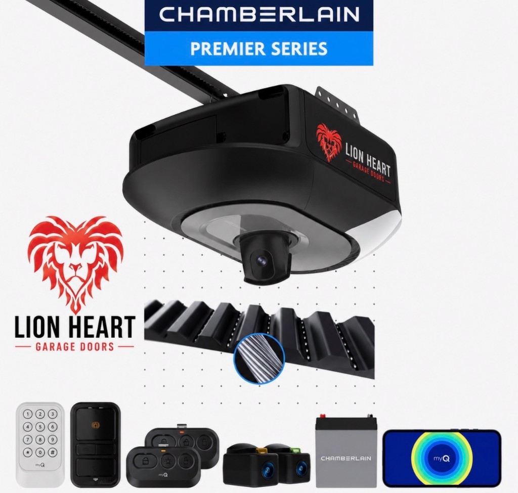 Chamberlain Premier Series smart garage door opener with remotes, keypad, sensors, and myQ app
